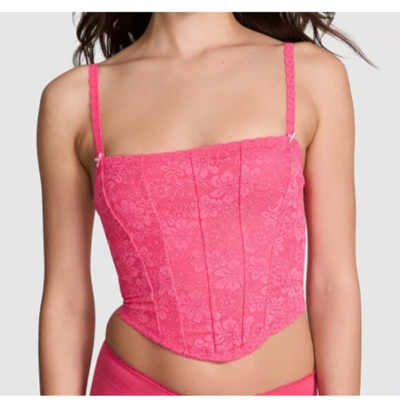 Victoria’s Secret PINK Lace Corset Camisole Crop Top XXL Hot Pink Y2K Bustier - Picture 1 of 13